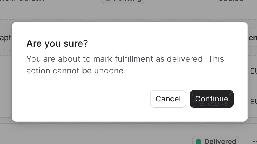 标记为已交付弹出窗口